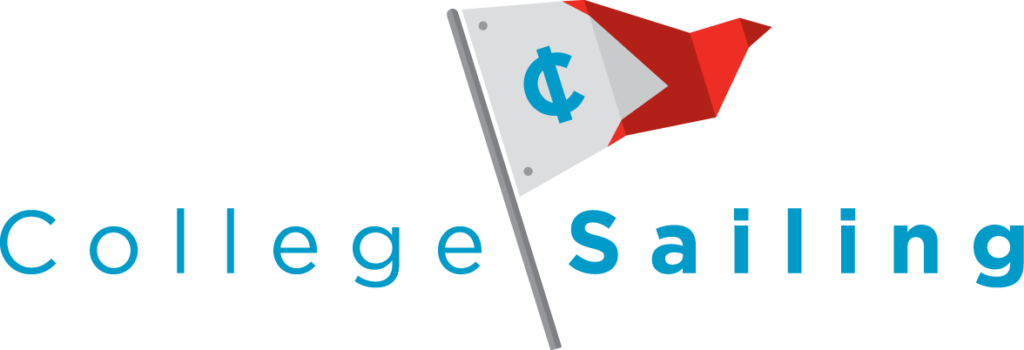 Logo for College Sailing featuring a red and white pennant flag with a blue letter “C,” with the words “College Sailing” in blue text on either side of the flag.