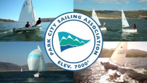 Collage of four images showing people sailing small boats on a lake, with mountains in the background. In the center is the Park City Sailing Association logo and text that reads "ELEV. 7000'.