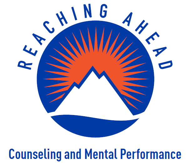 A logo with a blue mountain and orange sunburst inside a blue circle. The text 'REACHING AHEAD' curves above the circle, and 'Counseling and Mental Performance' is written below.