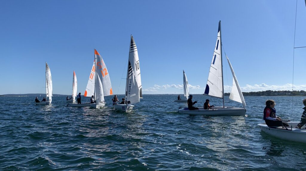 A group of small sailboats with people aboard are sailing on a calm, sunny day. The water is blue, and the sky is clear. The boats have different numbered sails, and land is visible in the background.