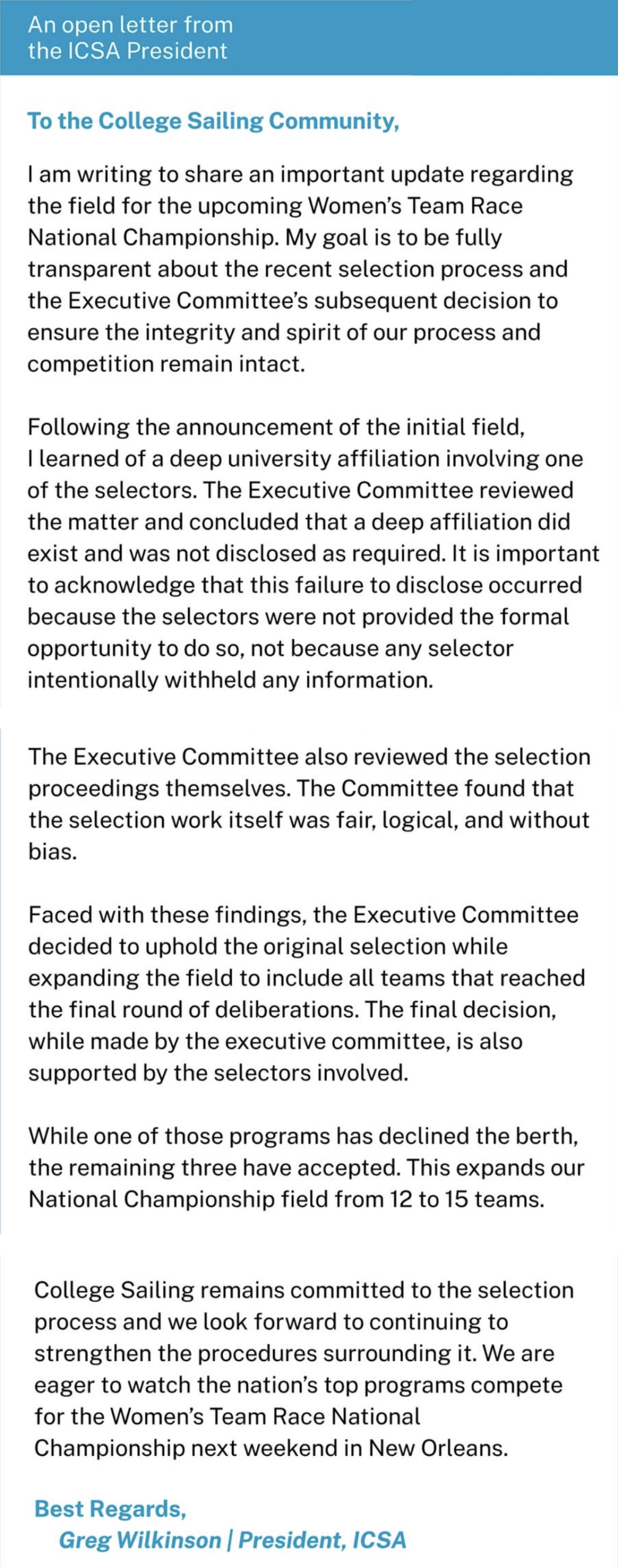 A message from the ICSA President, Greg Wilkinson, explaining the process and transparency behind the selection of teams for the Women's Team Race National Championship, visible as a formal letter with blue headings and highlights.