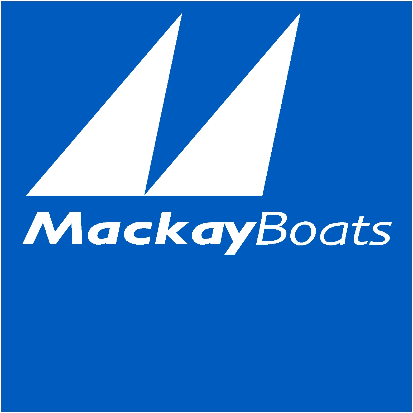 Logo of Mackay Boats on a blue background, featuring two white stylized sail shapes above the words 