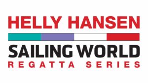 Logo for the Helly Hansen Sailing World Regatta Series, featuring bold red and black text with a horizontal bar displaying red, purple, blue, and white segments above the words "Sailing World.