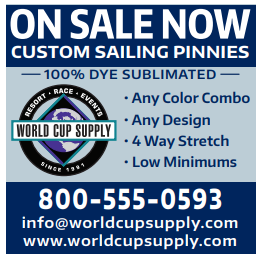 Advertisement for custom sailing pinnies on sale by World Cup Supply, offering 100% dye sublimation, any color or design, 4-way stretch, and low minimums; includes contact info and website.
