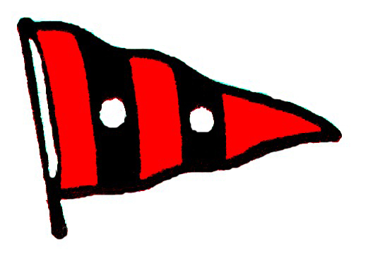 A triangular flag with alternating black and red vertical stripes and two white circles in the center, outlined in black, set against a white background.
