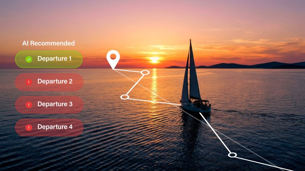 A sailboat at sunset with an overlay menu listing four AI-recommended departures and a map route graphic.