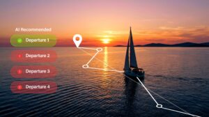 A sailboat at sunset with an overlay menu listing four AI-recommended departures and a map route graphic.