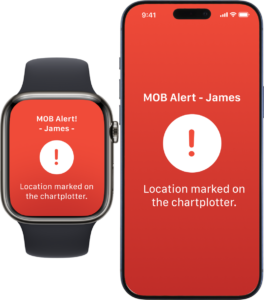 A smartwatch and a smartphone both displaying a red “MOB Alert - James” screen with a notification that a location has been marked on the chartplotter.
