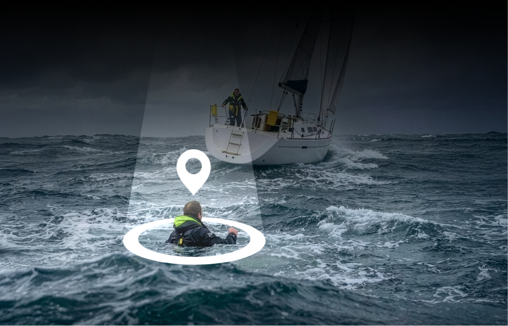 A person in survival gear swimming in rough seas near a sailboat, highlighted by a digital location pin icon.