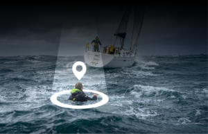 A person in survival gear swimming in rough seas near a sailboat, highlighted by a digital location pin icon.