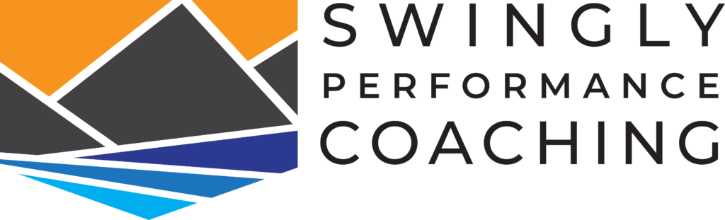 Logo for Swingly Performance Coaching featuring a stylized mountain and water graphic.