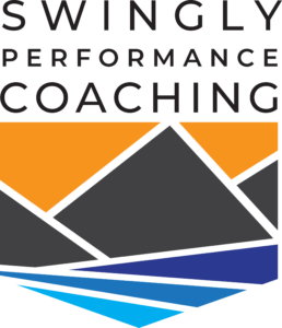 Logo for Swingly Performance Coaching featuring the text above a stylized graphic of orange mountains over dark gray peaks and blue water.