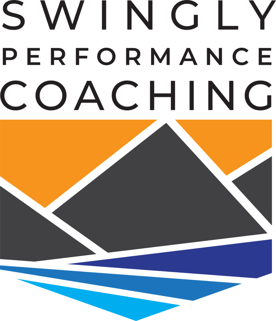 Logo for Swingly Performance Coaching featuring the text above a stylized graphic of orange mountains over dark gray peaks and blue water.