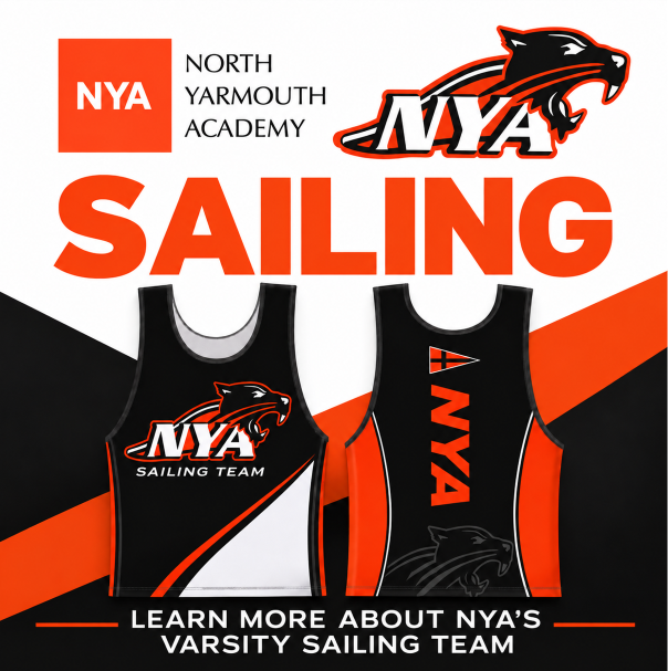 Graphic for the North Yarmouth Academy sailing team, showing front and back views of a black and orange team jersey featuring the school’s panther mascot and “NYA” logo.